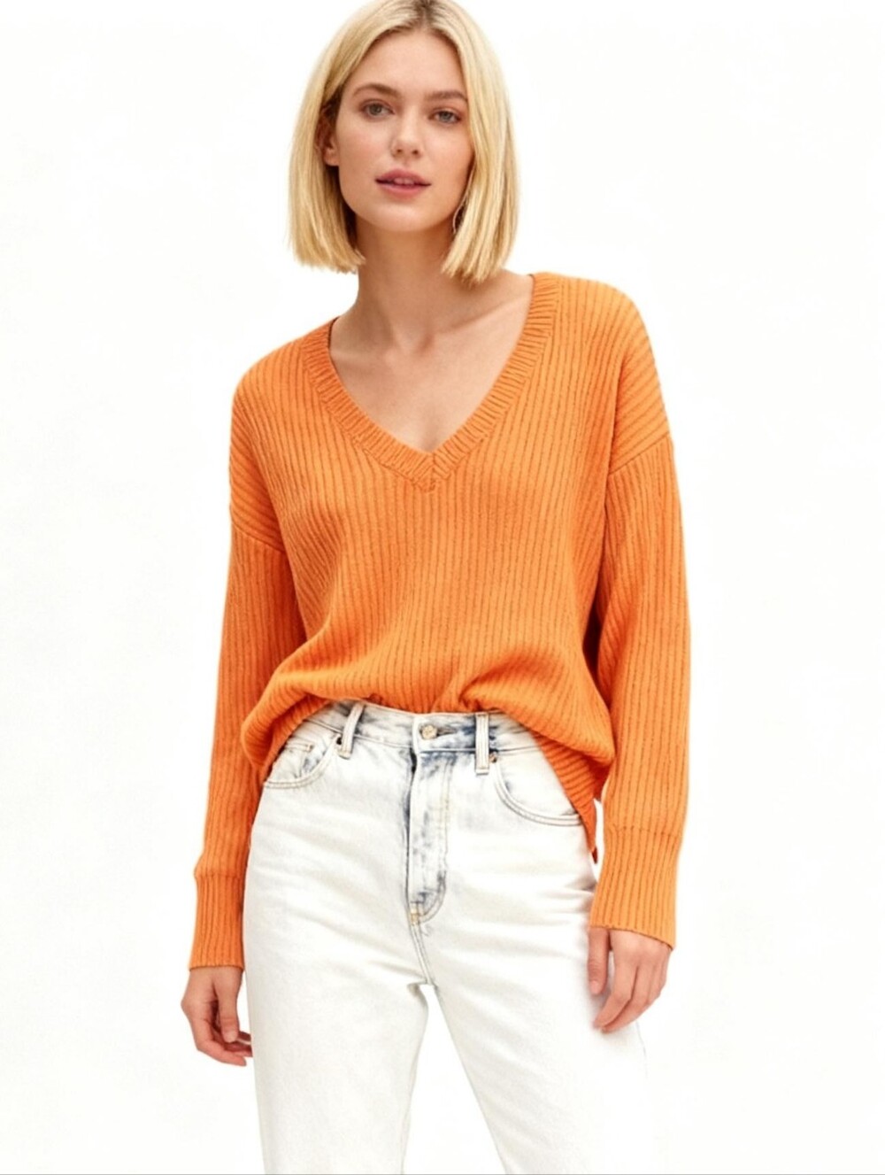 ICHI V-Neck Cotton Orange Sweater Size M